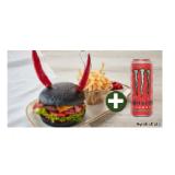Dark Devil Burger mit Beef, Cheddar, Bacon, Salat, Bloody Chili Sauce und Pommes + Monster Energy 0,5 Liter GRATIS! INTERSPAR 1 Set