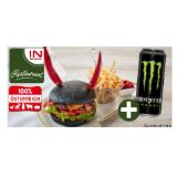 Dark Devil Burger mit Beef, Cheddar, Bacon, Salat, Bloody Chili Sauce und Pommes + inkl. ein Monster Energy 0,5 Liter GRATIS! INTERSPAR 1 Set