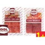 Loidl Haussalami, Knoblauchsalami, Bergsalami, Kantwurst, Pfefferblock, Käswurst mit Pfeffer, Breakfast Bacon, Putensalami oder Putenkantwurst Maximarkt 75 Gramm 1 Packung