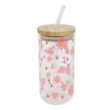 Trinkglas mit Strohhalm Blumen 500 ml Blumendruck PAGRO 1 Stück