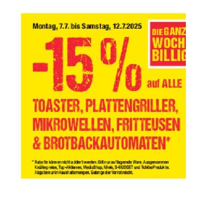 Promotion Bild von -15% auf ALLE TOASTER, PLATTENGRILLER, MIKROWELLEN, FRITTEUSEN & BROTBACKAUTOMATEN Maximarkt