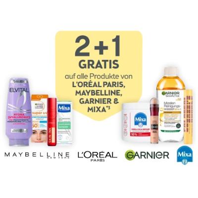 Promotion Bild von 2+1 GRATIS auf alle Produkte von L’ORÉAL PARIS, MAYBELLINE, GARNIER & MIXA BIPA