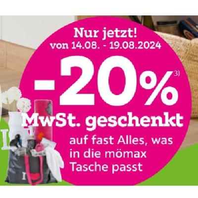 Promotion Bild von -20% MwSt. geschenkt auf fast Alles, was in die mömax Tasche passt mömax