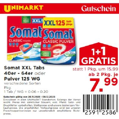 Somat XXL Tabs 40er - 64er oder Pulver 125 WG verschiedene Sorten ab 2 Pkg. je 7.99€ Unimarkt