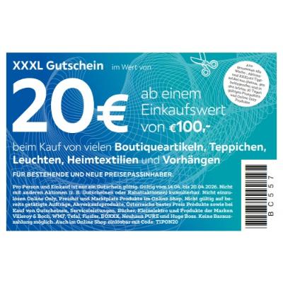 20€ ab einem Einkaufswert von €100,- beim Kauf von vielen Boutiqueartikeln, Teppichen, Leuchten, Heimtextilien und Vorhängen XXXLutz