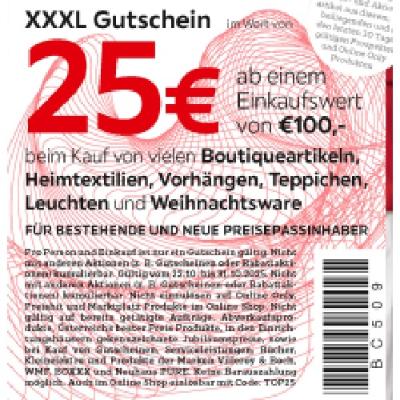 XXXL Gutschein im Wert von 25€ ab einem Einkaufswert von €100,- beim Kauf vielen Boutiqueartikeln, Heimtextilien, Vorhängen, Teppichen, Leuchten und Weihnachtsware XXXLutz