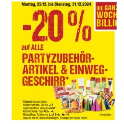 Promotion Bild von -20% auf ALLE PARTYZUBEHÖR-ARTIKEL & EINWEG-GESCHIRR Maximarkt