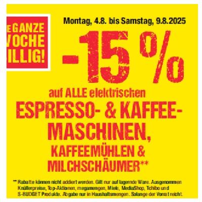 Promotion Bild von -15% auf ALLE elektrischen ESPRESSO- & KAFFEE-MASCHINEN, KAFFEEMÜHLEN & MILCHSCHÄUMER Maximarkt