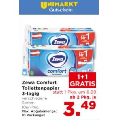 Promotion Bild von Zewa Comfort Toilettenpapier 3-lagig verschiedene Sorten ab 2 Pkg. je 3.49€ Unimarkt