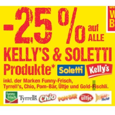 Promotion Bild von -25% auf ALLE KELLY'S & SOLETTI Produkte inkl. der Marken Funny-Frisch, Tyrrell's, Chio, Pom-Bär, Ültje und Gold-Fischli Maximarkt
