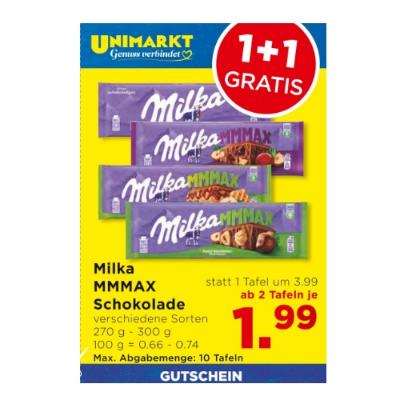 Promotion Bild von Milka MMMAX Schokolade versch. Sorten ab 2 Tafeln je 1.99€ Unimarkt