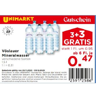 Vöslauer Mineralwasser verschiedene Sorten ab 6 Fl. je 0.47€ Unimarkt