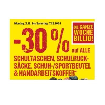 Promotion Bild von -30% auf ALLE SCHULTASCHEN, SCHULRUCKSÄCKE, SCHUH-/SPORTBEUTEL & HANDARBEITSKOFFER Maximarkt