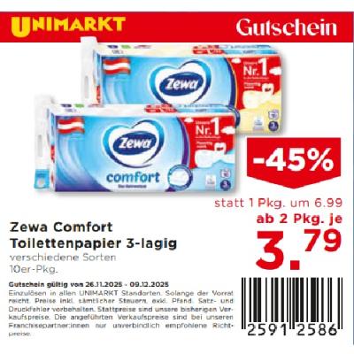 Zewa Comfort Toilettenpapier 3-lagig verschiedene Sorten ab 2 Pkg. je 3.79€ Unimarkt