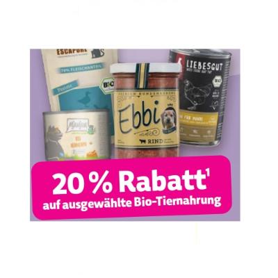 20% Rabatt auf ausgewählte Bio-Tiernahrung Denns BioMarkt