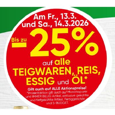 Bis zu -25% auf alle TEIGWAREN, REIS, ESSIG und ÖL EUROSPAR