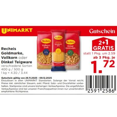 Recheis Goldmarke, Vollkorn oder Dinkel Teigware verschiedene Sorten ab 3 Pkg. je 1.72€ Unimarkt