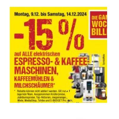 Promotion Bild von -15% auf ALLE elektrischen ESPRESSO- & KAFFEE-MASCHINEN, KAFFEEMÜHLEN & MILCHSCHÄUMER Maximarkt