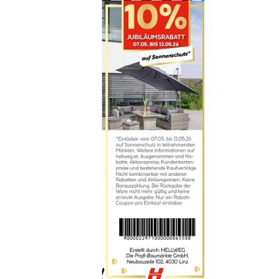 10% JUBILÄUMSRABATT auf Sonnenschutz HELLWEG