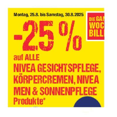 -25% auf ALLE NIVEA GESICHTSPFLEGE, KÖRPERCREMEN, NIVEA MEN & SONNENPFLEGE Produkte Maximarkt
