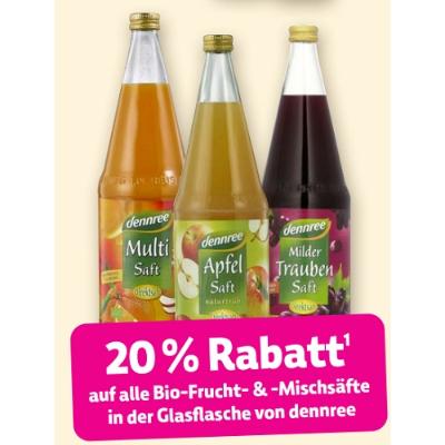 20% Rabatt auf alle Bio-Frucht- & -Mischsäfte in der Glasflasche von dennre Denns BioMarkt