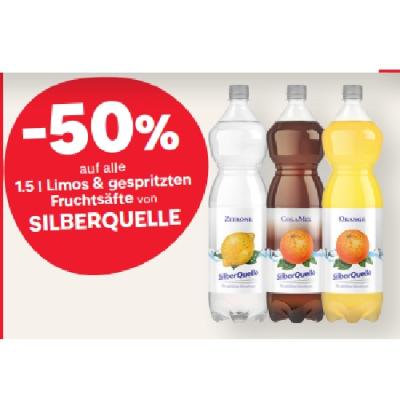 -50% auf alle 1.5 l Limos & gespritzten Fruchtsäfte von SILBERQUELLE MPREIS