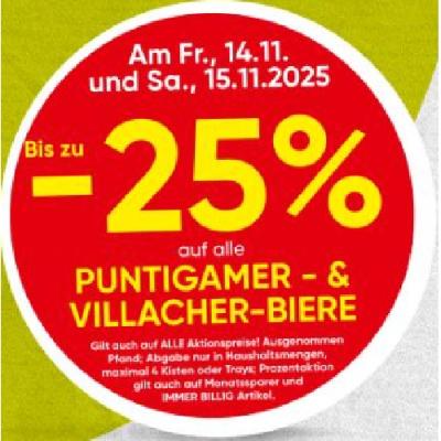 Bis zu -25% auf alle PUNTIGAMER- & VILLACHER-BIERE SPAR