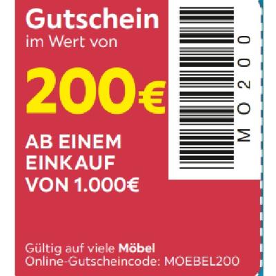 Gutschein im Wert von 200€ AB EINEM EINKAUF VON 1.000€ Gültig auf viele Möbel Möbelix