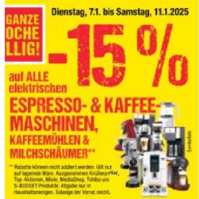 Promotion Bild von -15% auf ALLE elektrischen ESPRESSO- & KAFFEE-MASCHINEN, KAFFEEMÜHLEN & MILCHSCHÄUMER Maximarkt