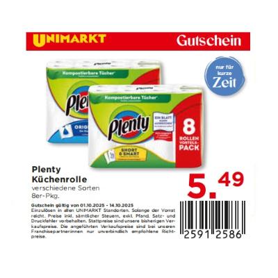 Plenty Küchenrolle verschiedene Sorten je 5,49€ Unimarkt