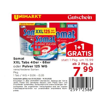 Somat XXL Tabs 40er - 66er oder Pulver 125 WG verschiedene Sorten ab 2 Pkg. je 7,99€ Unimarkt