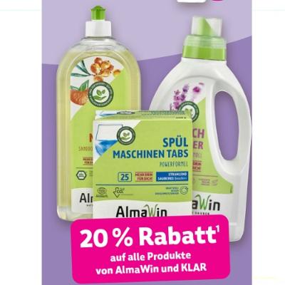 20% Rabatt auf alle Produkte von AlmaWin und KLAR Denns BioMarkt