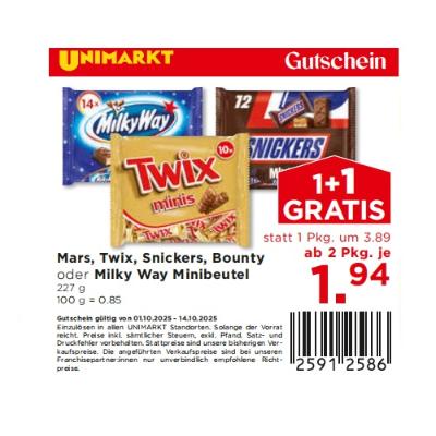 Mars, Twix, Snickers, Bounty oder Milky Way Minibeutel ab 2 Pkg. je 1,94€ Unimarkt