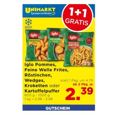 Promotion Bild von Iglo Pommes, Feine Welle Frites, Röstinchen, Wedges, Kroketten oder Kartoffelpuffer ab 2 Pkg. je 2.39€ Unimarkt