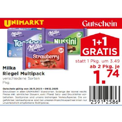 Milka Riegel Multipack verschiedene Sorten ab 2 Pkg. je 1.74€ Unimarkt