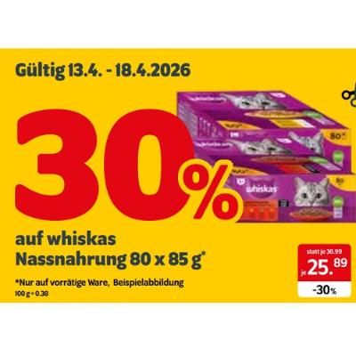 30% auf whiskas Nassnahrung 80 x 85 g DAS FUTTERHAUS