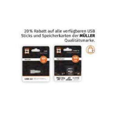 Promotion Bild von 20% Rabatt auf alle verfügbaren USB Sticks und Speicherkarten der MÜLLER Qualitätsmarke Müller Drogerie