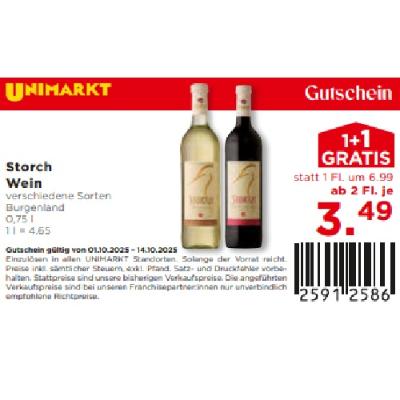 Storch Wein verschiedene Sorten ab 2 Fl. je 3,49 € Unimarkt