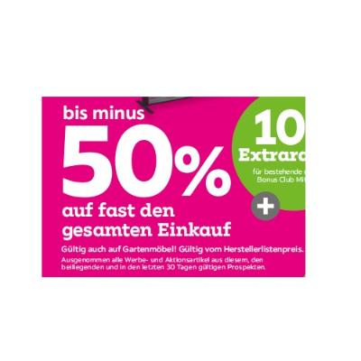 bis minus 50% auf fast den gesamten Einkauf Gültig auch auf Gartenmöbel! Gültig vom Herstellerlistenpreis. mömax