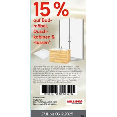 15% auf Badmöbel, Duschkabinen & -tassen HELLWEG