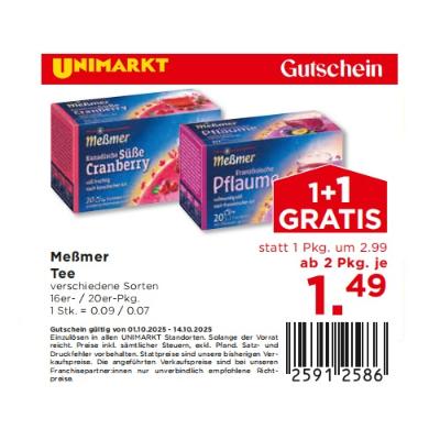Meßmer Tee verschiedene Sorten ab 2 Pkg. je 1,49€ Unimarkt