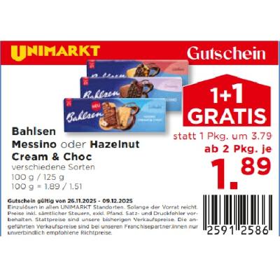 Bahlsen Messino oder Hazelnut Cream & Choc verschiedene Sorten ab 2 Pkg. je 1.89€ Unimarkt