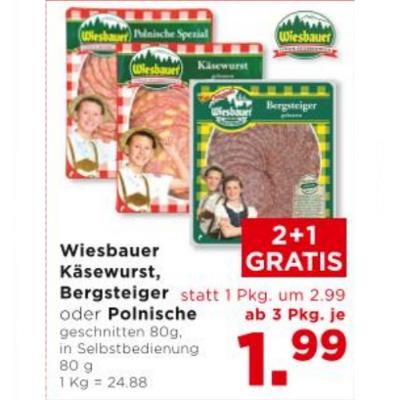 Promotion Bild von Wiesbauer Käsewurst, Bergsteiger oder Polnische ab 3 Pkg. je 1.99€ Unimarkt