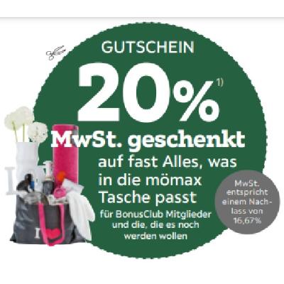 Promotion Bild von 20% MwSt. geschenkt auf fast Alles, was in die mömax Tasche passt mömax