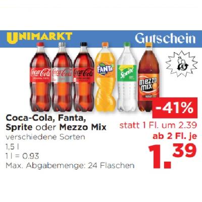 Promotion Bild von Coca-Cola, Fanta, Sprite oder Mezzo Mix verschiedene Sorten ab 2 Fl. je 1.39€ Unimarkt