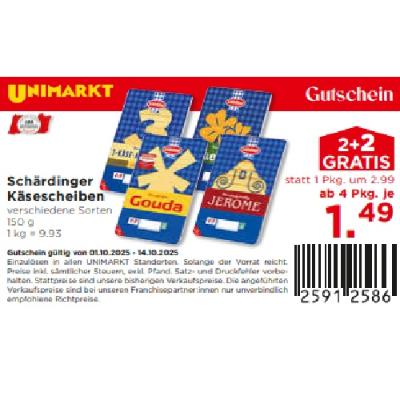 Schärdinger Käsescheiben verschiedene Sorten ab 4 Pkg. je 1,49 € Unimarkt