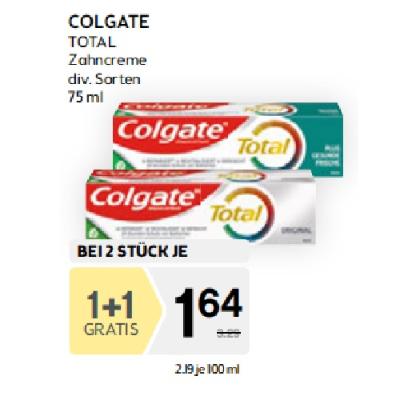 Promotion Bild von 1+1 GRATIS auf Colgate Total Zahncremen, 75ml, div. Sorten (AV 2. Woche) BIPA