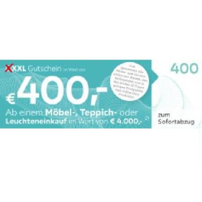 Promotion Bild von XXXL Gutschein im Wert von € 400,- Ab einem Möbel-, Teppich- oder Leuchteneinkauf im Wert von € 4.000,- zum Sofortabzug XXXLutz