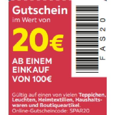 Gutschein im Wert von 20€ AB EINEM EINKAUF VON 100€ Gültig auf einen von vielen Teppichen, Leuchten, Heimtextilien, Haushaltswaren und Boutiqueartikel. Möbelix
