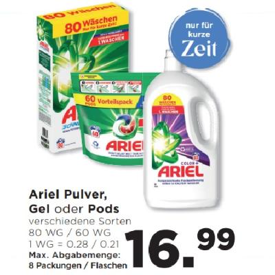 Promotion Bild von Ariel Pulver, Gel oder Pods verschiedene Sorten je 16.99€ Unimarkt